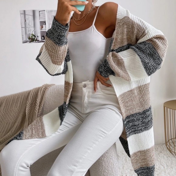 Rouge! Sweaters - Colorblock Stripes Open Knit Cardigan Knee Length